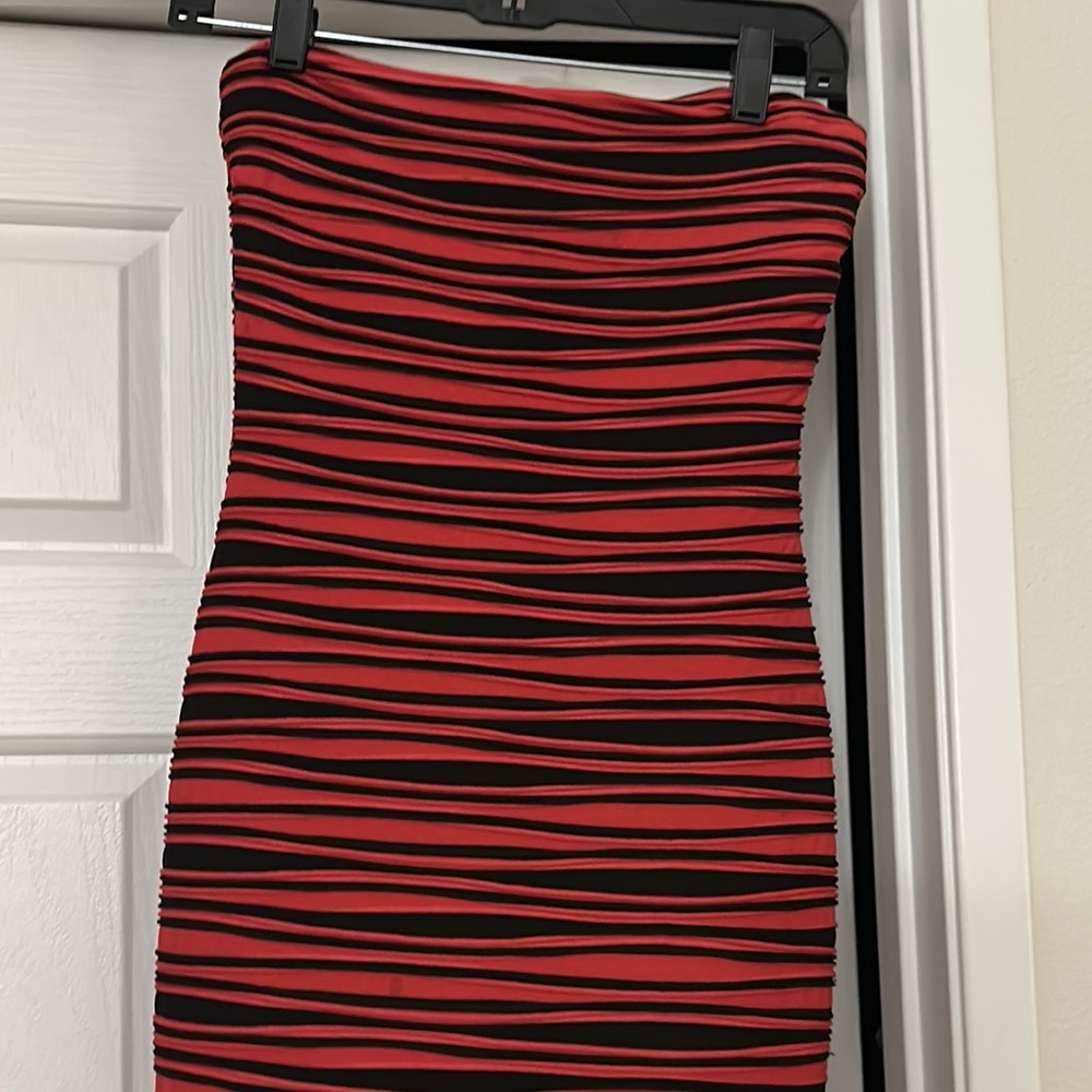 Bebe Red and Black Strapless Bodycon Dress